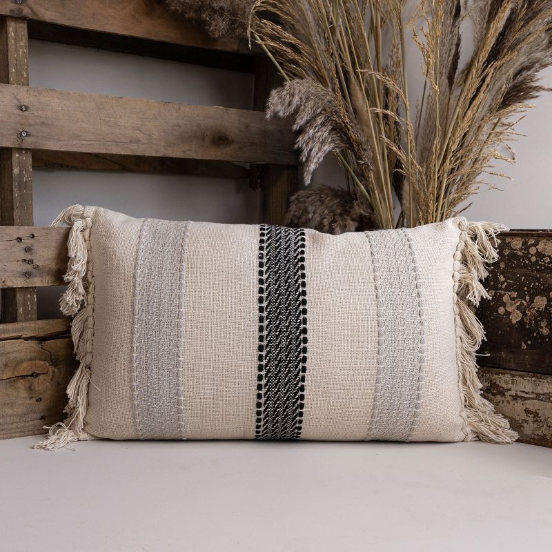 14X22 Inch Hand Woven Stripe Pillow Gray Cotton With Polyester Fill by Foreside Home & Garden, 2 of 6