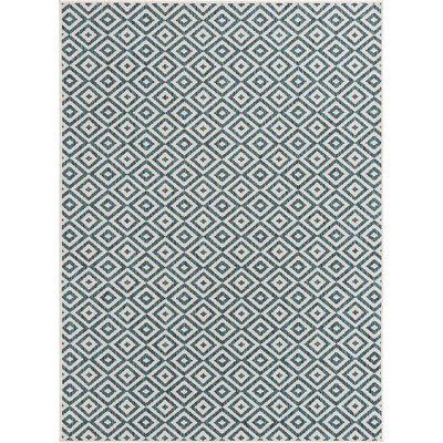 Teal and Ivory Geometric Flat Woven Outdoor Rug, 5' x 7'