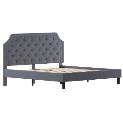 Elegant King-Sized Light Gray Upholstered Platform Bed with Nailhead Trim