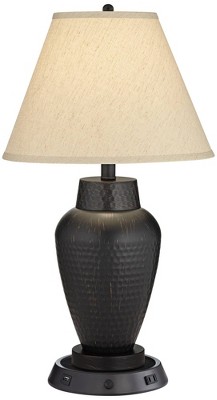 Regency Hill Auburn Rustic Farmhouse Table Lamp 25" High Bronze Hammered with Dimmable USB Workstation Base Natural Linen Empire Shade for Living Room