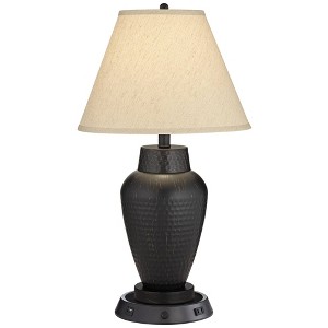 Regency Hill Auburn Rustic Farmhouse Table Lamp 25" High Bronze Hammered with Dimmable USB Workstation Base Natural Linen Empire Shade for Living Room - 1 of 4
