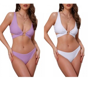 INSPIRE CHIC Women's Wide Strap O Ring Deep V Neck Tie Back Strappy Top Triangle Bottom Swimwear Bikini Suits 2 Sets - 1 of 4