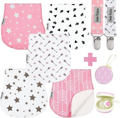 Image of Dodo Babies 5-Pack Baby Burp Cloth with 2 Pacifier Clips and 1 Case, Pink