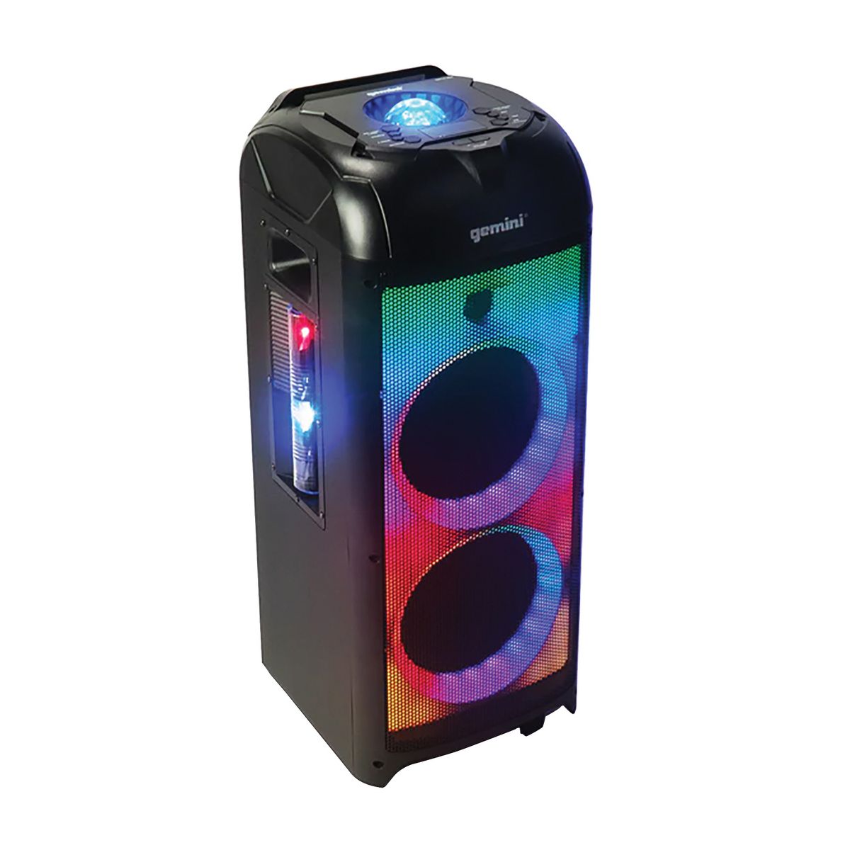 Gemini® 150-Watt Bluetooth® Rechargeable Party Speaker with Dual 8-In. Woofers, 360° Sound, Lights, TWS, FM/USB/Aux, Guitar Input, Wired Mic, Rem...