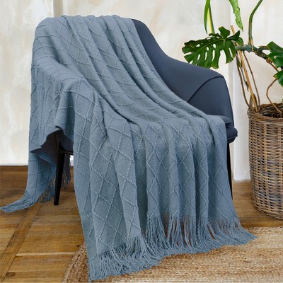 Dusty Blue Knitted Fleece Throw Blanket with Fringe