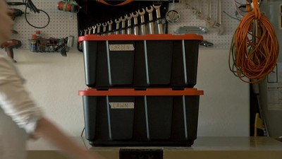 Heavy-Duty Black and Orange Stackable Plastic Storage Totes, 27 Gallons, 3 Pack