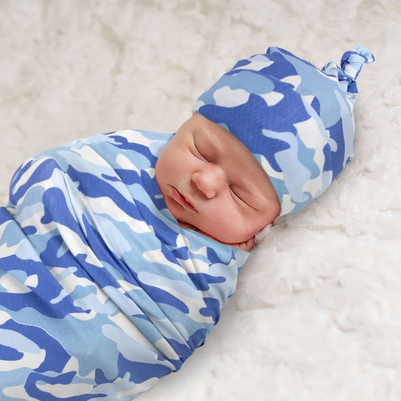Baby Essentials Camo Print Swaddle Blanket and Knot Cap Set, 3 of 4