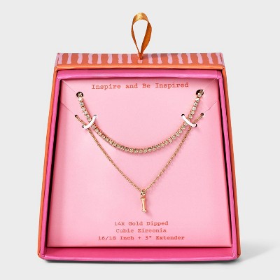 14K Gold Dipped Cubic Zirconia Initial Necklace Set 2pc - A New Day™ Gold