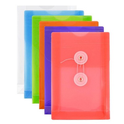 JAM Paper 4 1/4'' X 6 1/4'' 6pk Plastic Envelopes Button and String Tie Closure, Open End - Multicolor