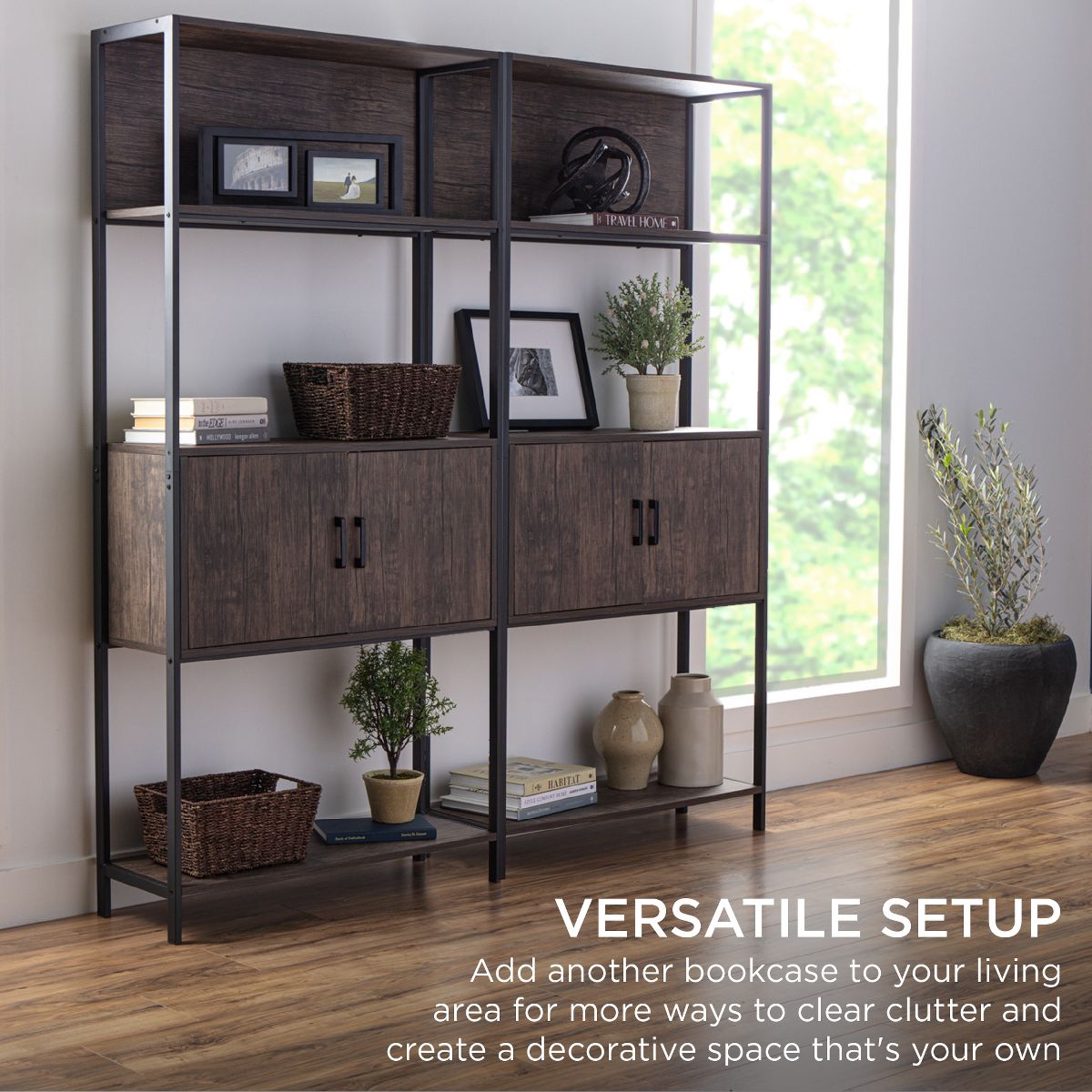 Best Choice Products Storage Bookshelf for Living Room, Walkway w/ Enclosed Cabinet, Elevated Design - Dark Walnut - thumbnail 4