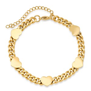 Steeltime Ladies stainless steel curban link bracelet with hearts charms. Color Options: Silver, Gold, Rose Gold - 1 of 4