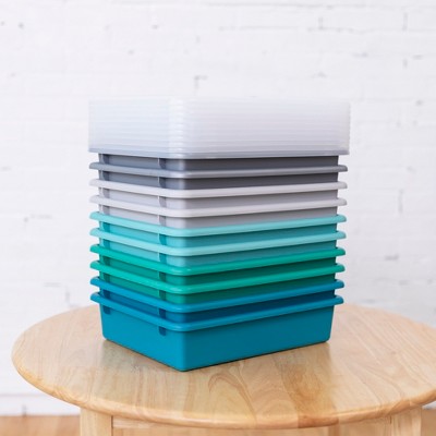 Stackable Green, Blue, and Gray Plastic Lidded Storage Bins for Kids