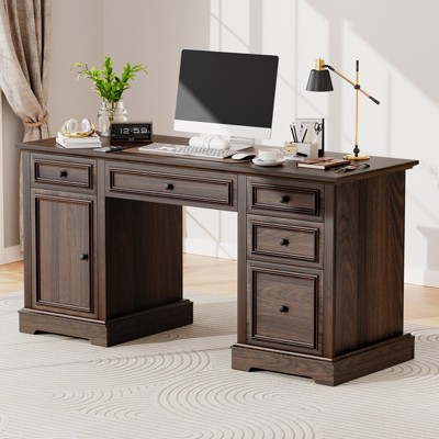 Vipbear 60" Rustic Executive Desk,Wood Computer Office Desk with Drawers & Cabinet, Large Capacity Home Office Desk Workstation for Home,Study,Work