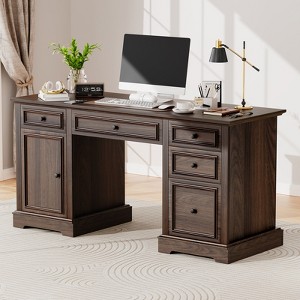 Vipbear 60" Rustic Executive Desk,Wood Computer Office Desk with Drawers & Cabinet, Large Capacity Home Office Desk Workstation for Home,Study,Work - 1 of 4