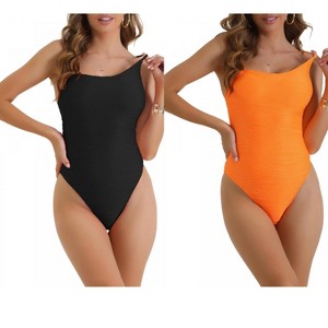INSPIRE CHIC Women's Strappy Ribbed Monokini Adjustable Spaghetti Straps Triangle Bottoms Bikini Swimwear 2 Sets - 1 of 4
