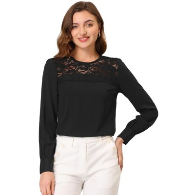 INSPIRE CHIC Women's Lace Panel Round Neck Long Sleeve Solid Color Blouses