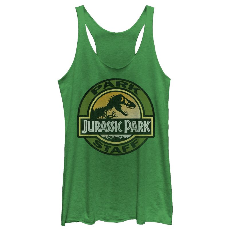 Women's Jurassic Park The Park Staff Badge, With T-Rex Racerback Tank Top, 1 of 4