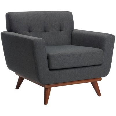 Slate Grey Tufted Linen Mid-Century Accent Chair with Wooden Legs