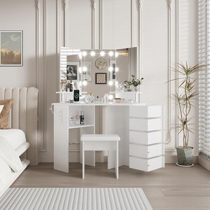 Corner Vanity Desk with Mirror and Lights, White Makeup Vanity Desk with 5 Drawersand Adjustable Brightness, Corner Vanity Table with Stool - 1 of 4