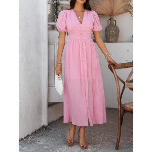 Women Summer Casual Midi Dress Puff Sleeve V Neck Ruched Button Front Split  Boho Beach Vacation Dresses 2026 : Target