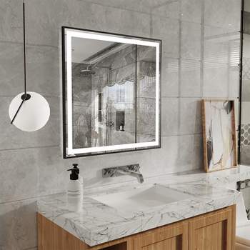 HOMLUX 36 in. W x 30 in. H Rectangular Framed LED Light with 3 Color and Anti-Fog Wall Mounted Bathroom Vanity Mirror in Black