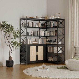 Homhougo L-Shaped Corner Bookshelf, 6-Tier Vintage Farmhouse Bookcase with Rattan Doors,Adjustable Shelves & Metal Frame - 1 of 4
