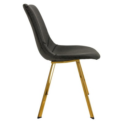 Charcoal Black Leather Dining Chairs with Gold Metal Legs, Set of 2