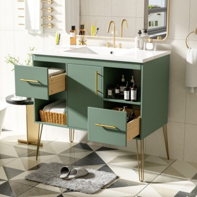 36in Bathroom Vanity with Top Sink, Resin Countertop, 2 Drawers, and 2 Open Storage Shelves, Storage Cabinet for Home Bathroom