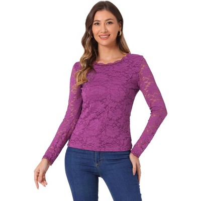 Allegra K Women's Slim Fit Sheer-Long-Sleeves Flower Embroidery Lace Top