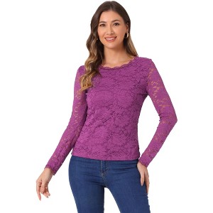 Allegra K Women's Slim Fit Sheer-Long-Sleeves Flower Embroidery Lace Top - 1 of 4