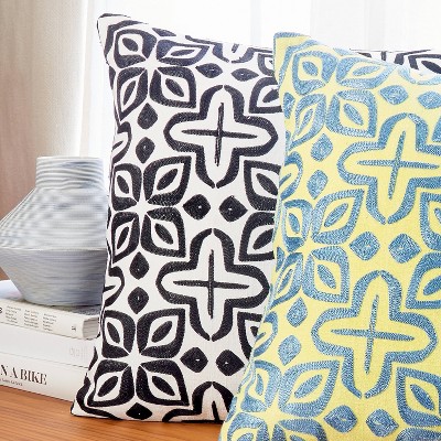 White and Black Embroidered Cotton Square Pillow