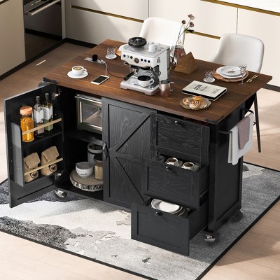 Rolling Kitchen Island, with Spice Rack, Towel Rack, Open Side Racks, Power Outlet and Storage Drawers, Multiple Design Styles and Color Combinations