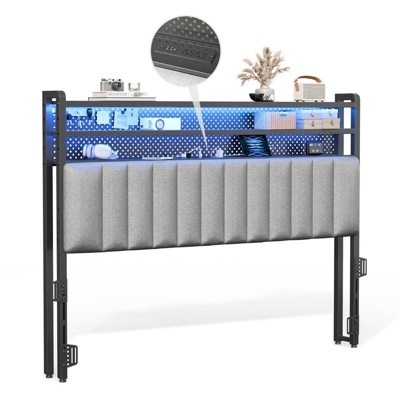 Karl Home Twin Full Queen King Size Headboard, Adjustable Upholstered Headboard with 3 Tier Shelves and Pegboard with Charging Stations and LED Lights