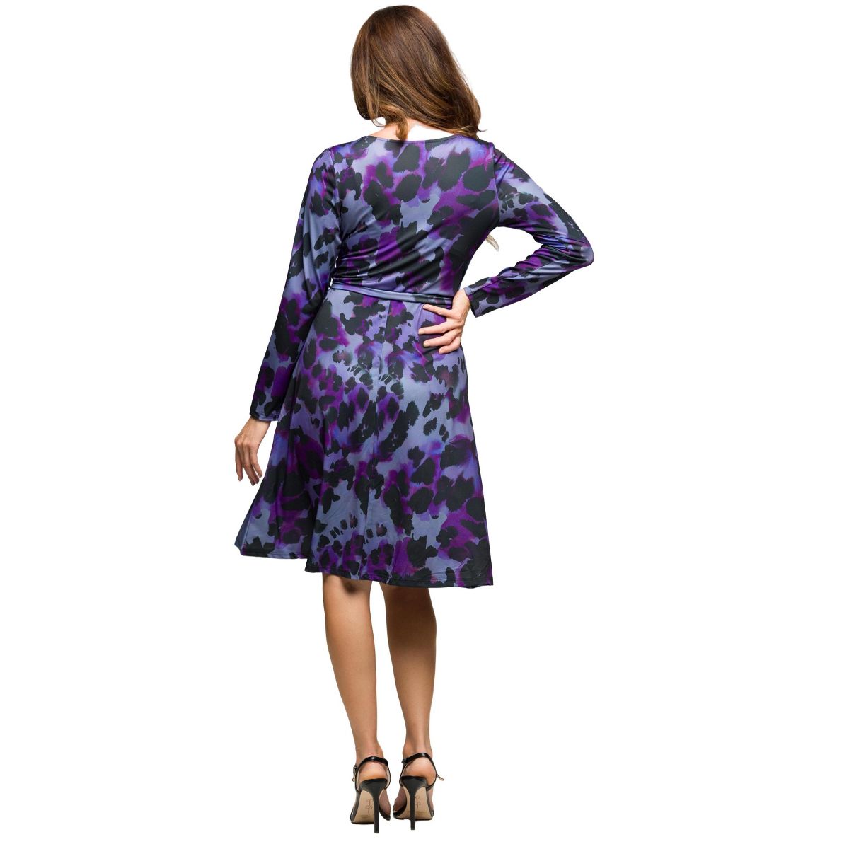 24seven Comfort Apparel Long Sleeve Wrap Dress with Belt  Purple Black Print - thumbnail 3
