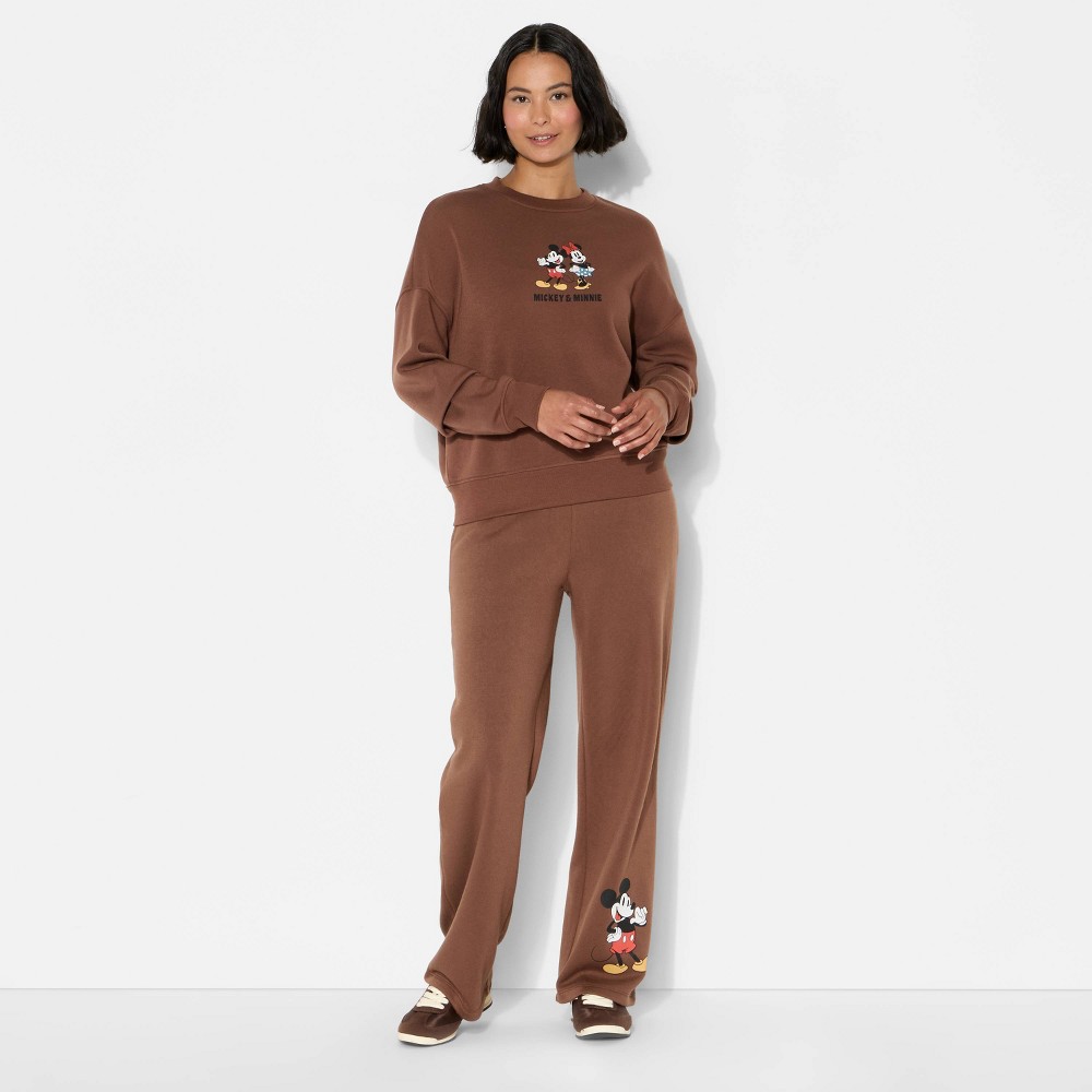 Women's Mickey Mouse Fleece Graphic Pullover Sweatshirt - Brown L