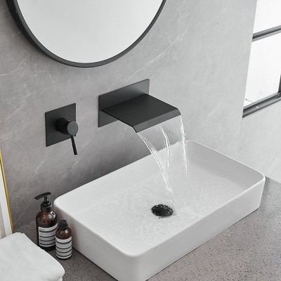 Matte Black Wall-Mount Waterfall Bathroom Faucet with Lever Handle