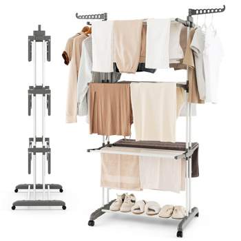 SONGMICS Clothes Drying Rack Foldable with Height-Adjustable Wings 33  Drying Rails Sock Clips Silver and Blue