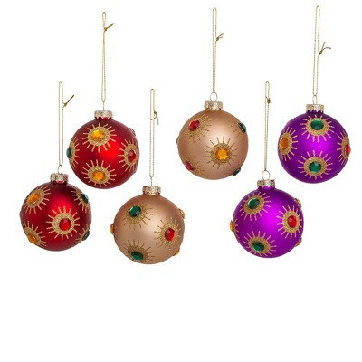 Kurt Adler 80MM Red, Gold, and Purple Glass Balls, 6-Piece Set