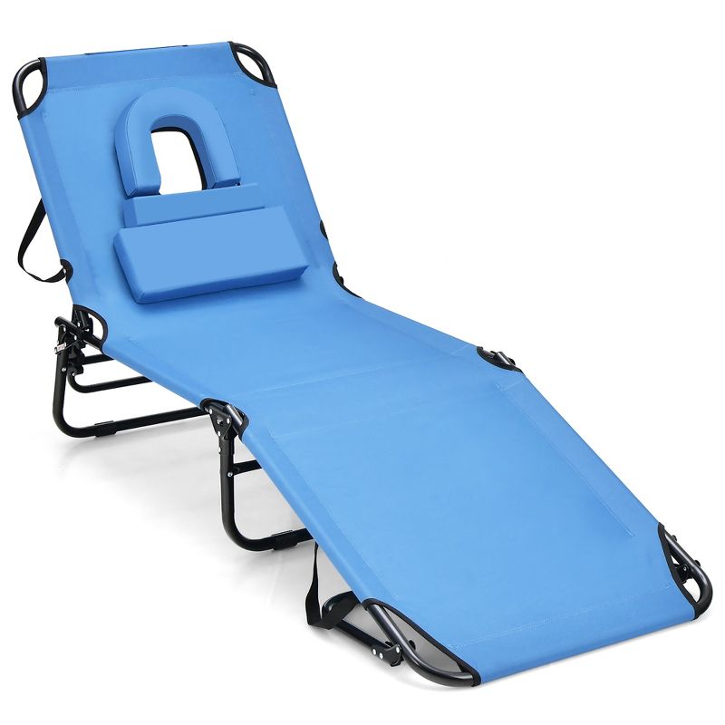 Costway 5-Position Adjustable Backrest  Beach Chaise Lounge Chair with Face Hole Pillows, 1 of 11