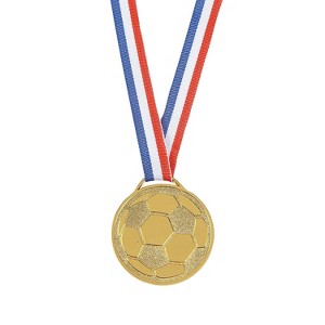 Fun Express 2" x 2 1/4" Goldtone Soccer Ball Medals with Red, White & Blue Ribbon - 12 Pc. - 1 of 1