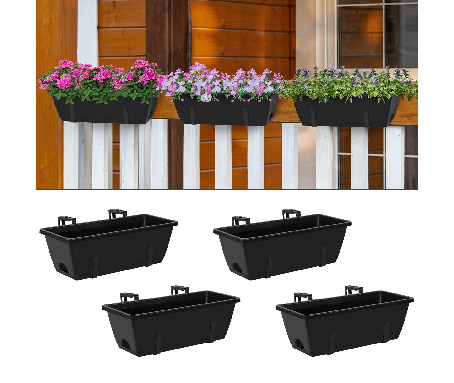 4 Pack Hanging Railing Planter Boxes with Adjustable Mount Brackets Black