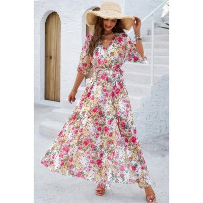 I AM A FASHION JUNKY Floral Print V Neck Waist Cinched Split Long Dress
