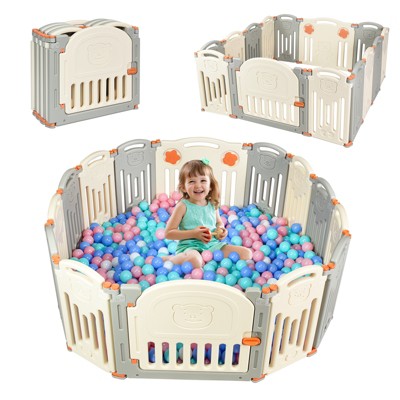 Infans Baby Playpen, 14-Panel Foldable Kids Safety Activity Center Playard w/Locking Gate, Non-Slip Rubber Bases, Adjustable Shape, Portable Design