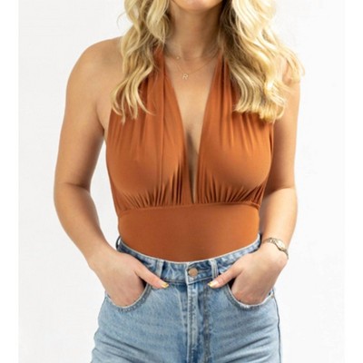Women's PLUNGE HALTER BACKLESS BODYSUIT - OLIVACEOUS