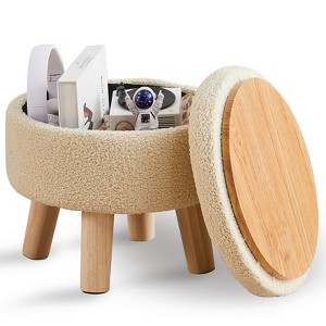 KTMBDW Storage Ottoman, Modern Round Footrest with Soft Padded Seat, Teddy Velvet Footstool with Wood Legs,Accent Small Table for Hallway, Living Room - 1 of 4