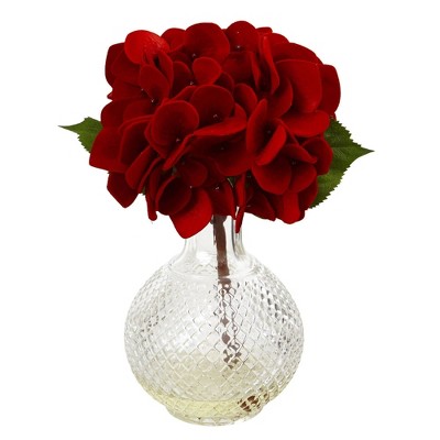 Red Hydrangea and Peony Centerpiece Set in Glass Vases