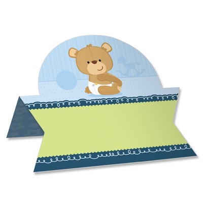 Big Dot of Happiness Baby Boy Teddy Bear - Baby Shower Tent Buffet Card - Table Setting Name Place Cards - Set of 24
