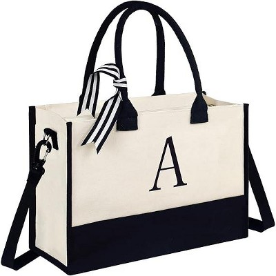 Fmeida Initial Canvas Tote Bag - Personalized Birthday Gifts for Women Travel Totes with Adjustable Strap Reusable Beach Bag