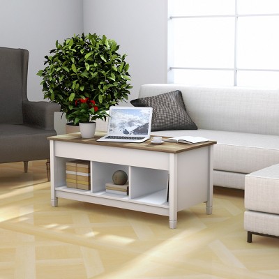 Contemporary White and Brown Rectangular Lift-Top Coffee Table with Storage