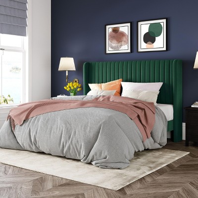 Allewie Bed Platform Frame/Velvet Upholstered Bed Frame with Vertical Channel Tufted Headboard/Strong Wooden Slats/Box Spring Optional